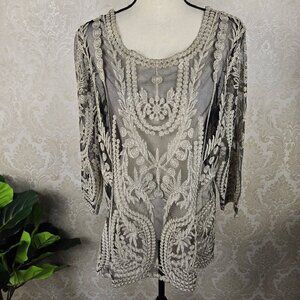 Ultra PInk Size Large Black Sheer Blouse Heavy Gold Embroidery Evening Dressy